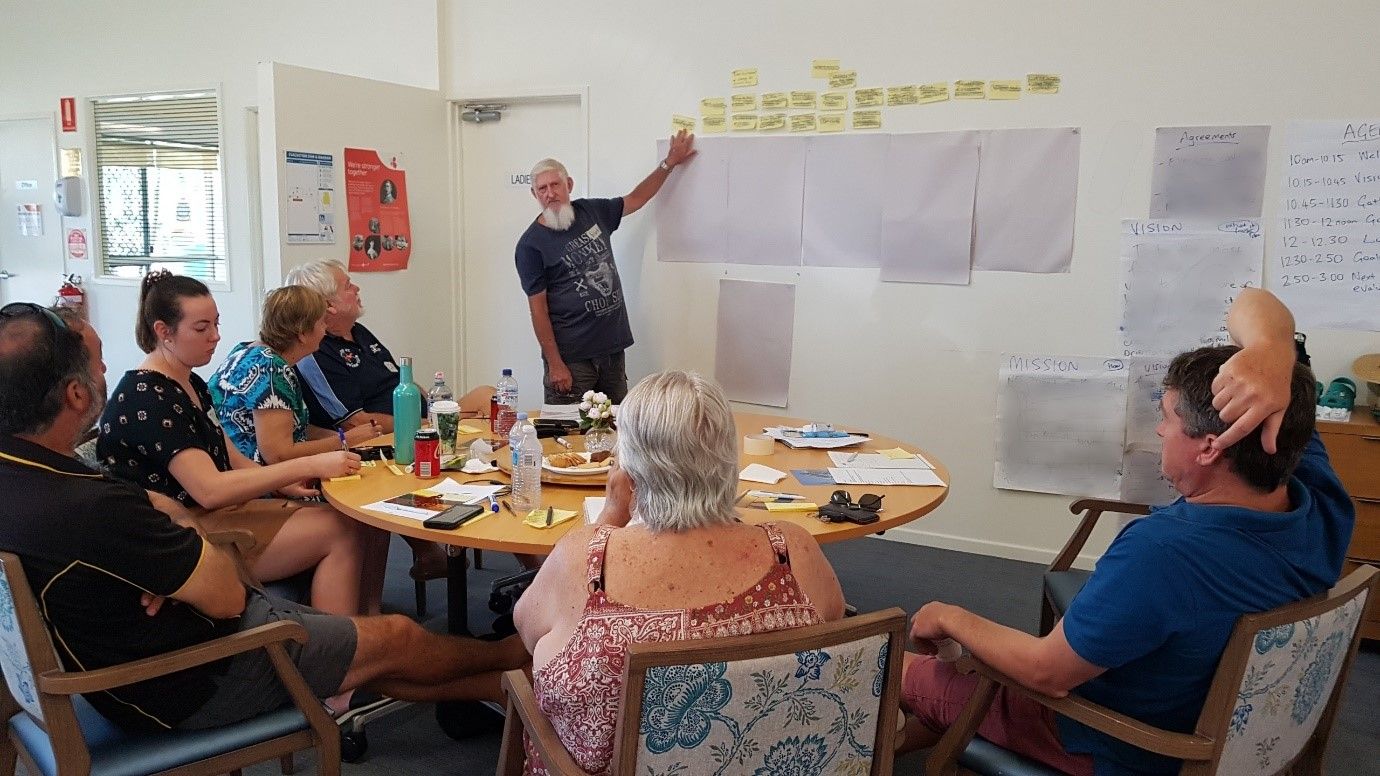 Member of NQ Speedway Kart Club talking to other members at their planning day for their volunteer sports club.