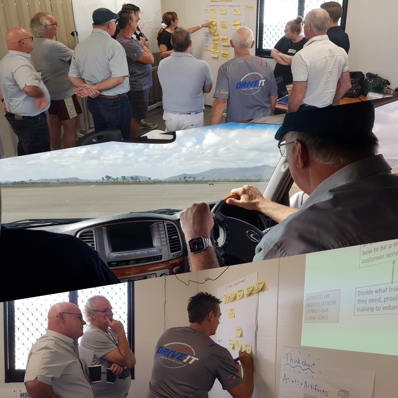 Members of the Drive It NQ Board during their strategic planning session: writing on butchers paper, presenting their work to other members and driving on site.